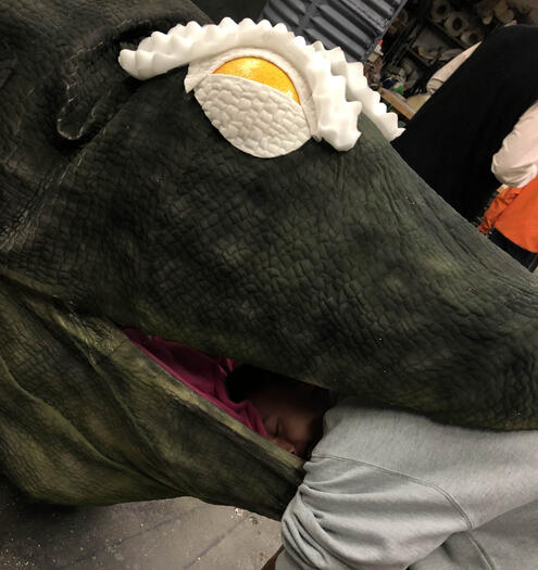 In-progress gator puppet for theatre, testing sizing for actor being mauled